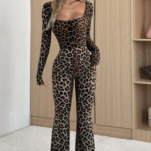 Multicolor Casual Women's Leopard Print Square Neck Long Sleeve Flared Jumpsuit